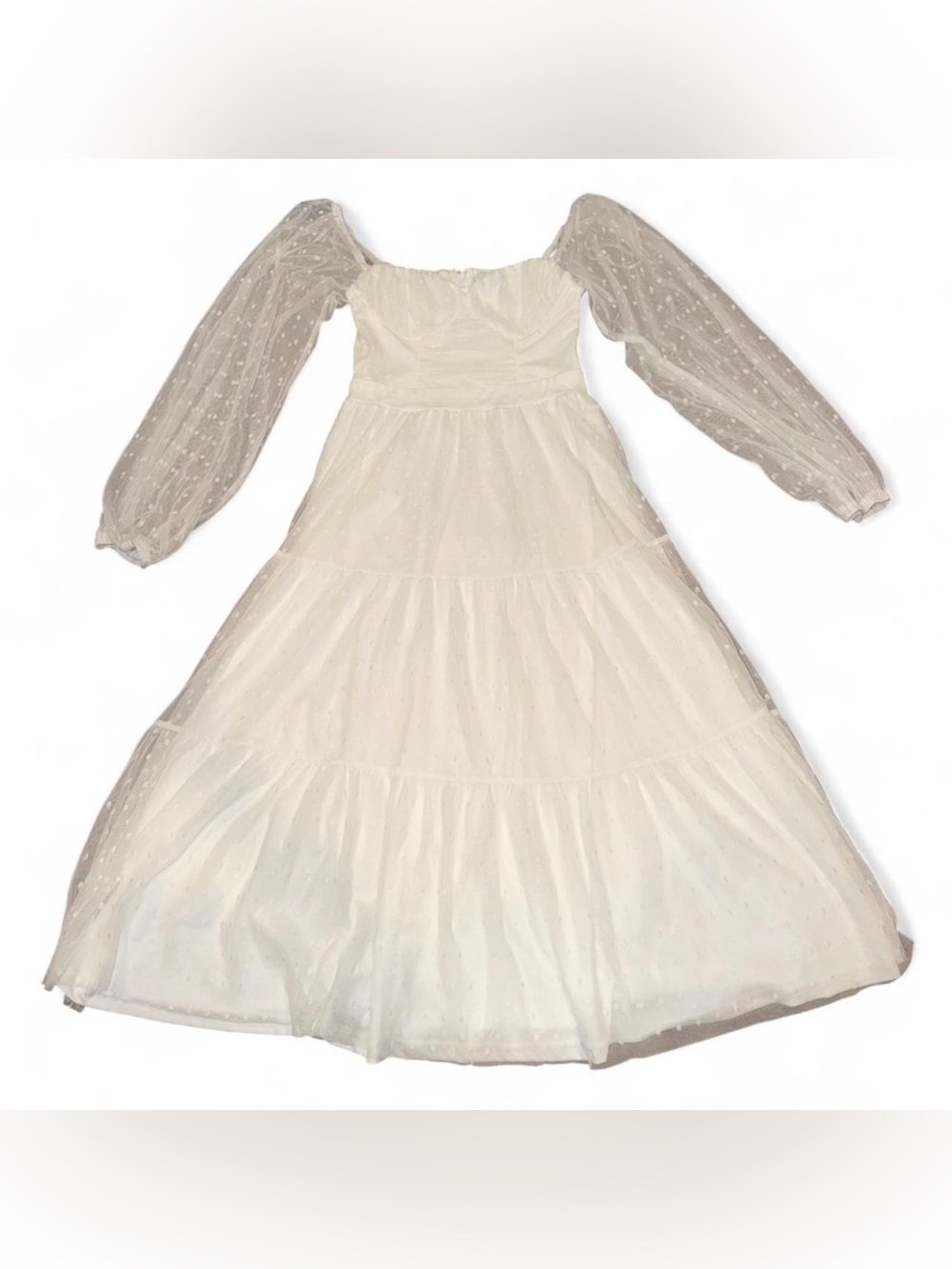 Lulu’s Affectionate Aura White Swiss Dot Tiered Bustier Lined Midi Dress